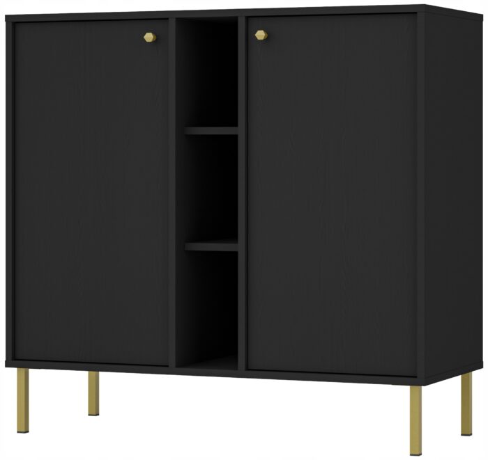 Komoda AVILA 100 cm czarna z drzwiami i półkami złote metalowe nogi typ prosty