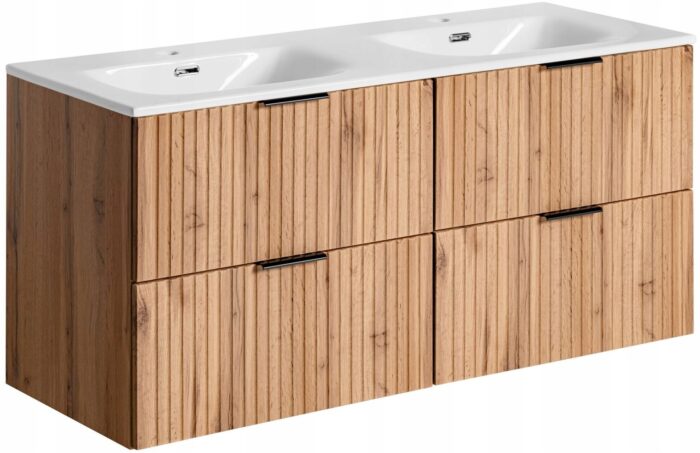 ADEL 120 cm dąb wotan szafka łazienkowa podwójna umywalka wpuszczana ryflowane fronty 4 szuflady