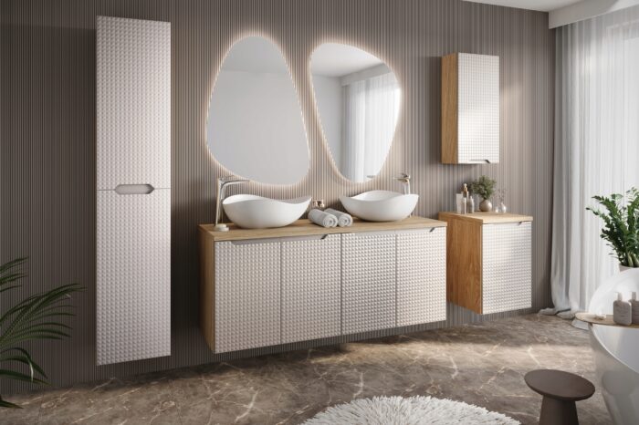 Szafka pod umywalkę LUXOR 120 cm dąb beżowy front 3 D wisząca pojemna drzwi
