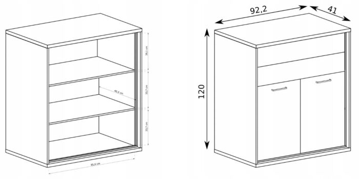Komoda MILAN 120 cm dąb wysoka pojemna szuflady drzwi ozdobny panel metalowe nogi