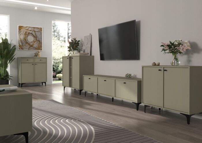 Ława AVILA 100 cm zielona z szufladą i półkami czarne metalowe nogi typ rozgwiazda