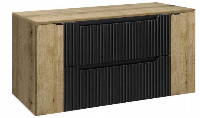 Szafka łazienkowa NOVA czarny 120 cm blat dąb ryflowane fronty wstawka dąb 2 drzwi 2 szuflady