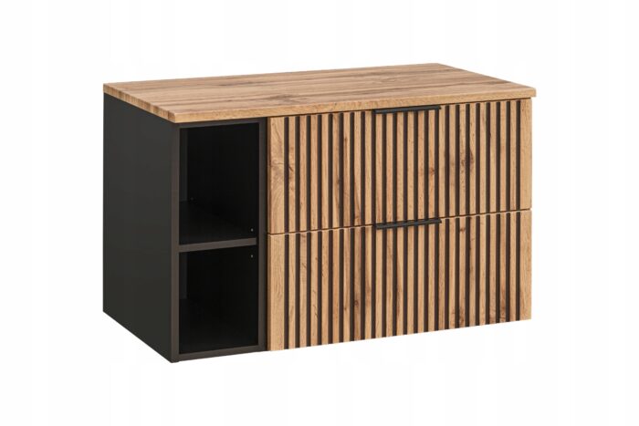 Szafka pod umywalkę XILO 100 cm czarna dąb wisząca blat regał szuflady ryflowane fronty