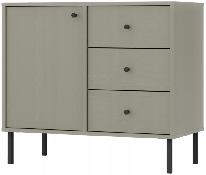 Komoda AVILA 84 cm zielona z drzwiami i szufladami czarne metalowe nogi typ prosty