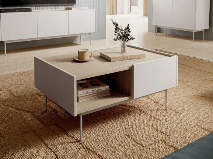 Ława SIMPLE 97 cm kaszmir / dąb linea z szufladami i metalowymi nóżkami