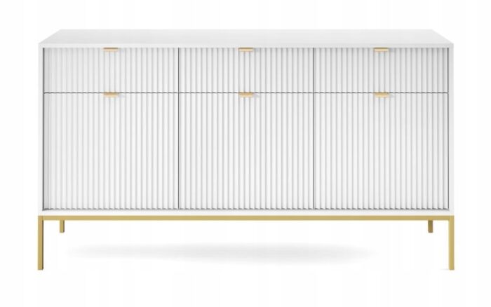 Komoda BELLAZA 154 cm biała, frezowane fronty, metalowe złote nogi