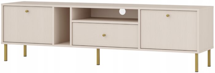 Szafka RTV AVILA 180 cm beż piaskowy z klapami szufladą i półkami złote metalowe nogi typ prosty