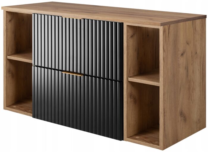 Zestaw łazienkowy FLOW 100 cm dąb szafka z blatem szuflady regały czarne ryflowane fronty