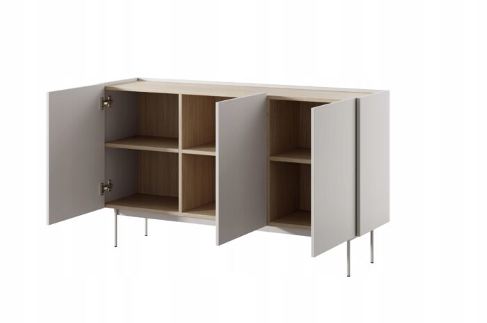 Komoda SIMPLE 144 cm kaszmir / dąb linea szeroka z drzwiczkami i półkami metalowe nóżki