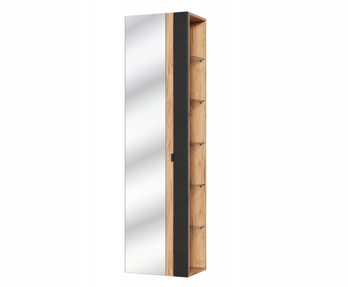 Słupek łazienkowy z lustrem CAPRI 45x170 cm dąb craft grafit wiszący regał szklane półki drzwi