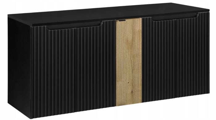 Szafka łazienkowa NOVA czarny 140 cm blat ryflowane fronty wstawka dąb 5 drzwi szeroka