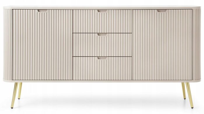 Komoda VELLA 168 cm kaszmir złote nóżki zaokrąglone boki ryflowane front z drzwiami i szufladami