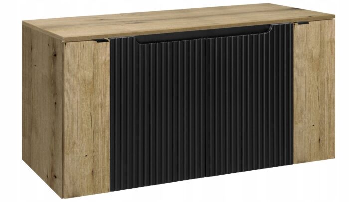 Szafka łazienkowa NOVA czarny 120 cm blat dąb ryflowane fronty wstawka dąb 4 drzwi szeroka