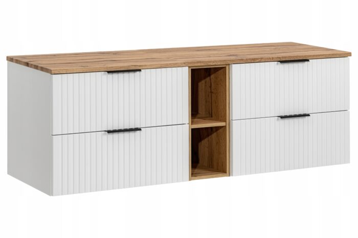 ADEL 180 cm biała szafka łazienkowa blat regał dąb wotan 4 szuflady ryflowany front