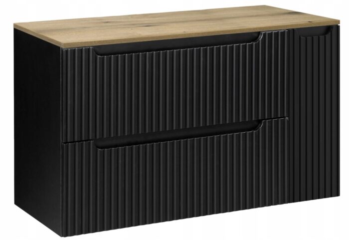 Szafka łazienkowa NOVA czarny 100 cm blat dąb ryflowane fronty 1 drzwi 2 szuflady pojemna