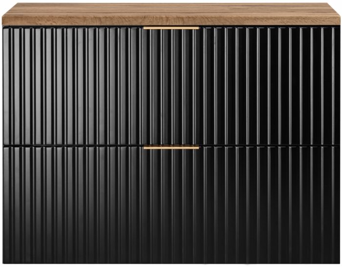 Szafka pod umywalkę FLOW 80 cm czarna blat wotan wisząca szuflady ryflowane fronty