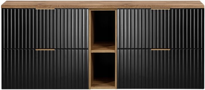 Szafka pod umywalkę FLOW 140 cm czarna dąb wisząca blat regał szuflady ryflowane fronty