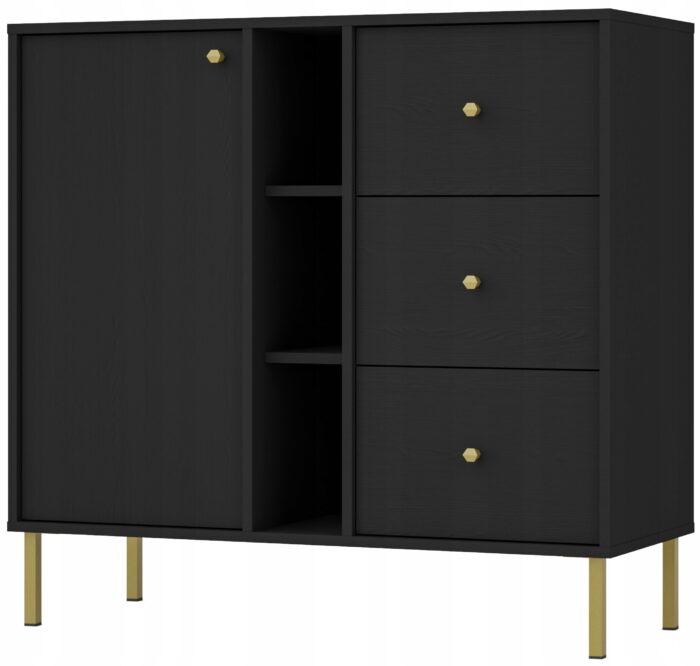 Komoda AVILA 100 cm czarna z drzwiami szufladami i półkami złote metalowe nogi typ prosty