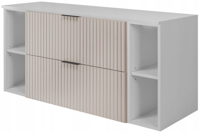 Zestaw łazienkowy FLOW 120 cm biała szafka z blatem szuflady regały kaszmirowe ryflowane fronty