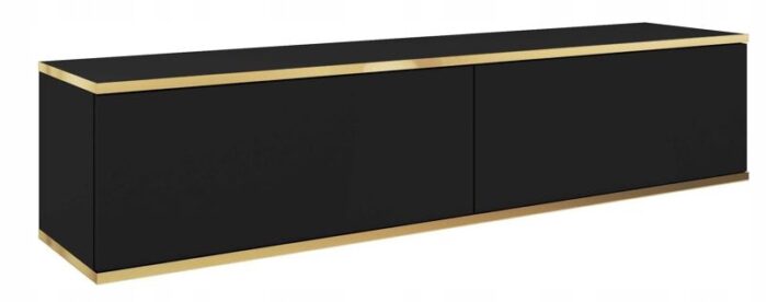 Szafka RTV ORO 135 cm czarna, gładkie fronty, złota ozdobna listwa