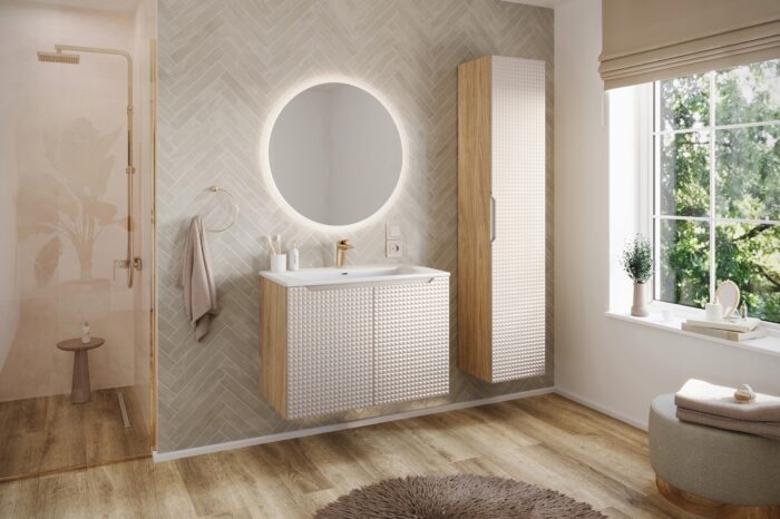 Szafka pod umywalkę LUXOR 90 cm dąb beżowy front 3 D wisząca pojemna szuflady