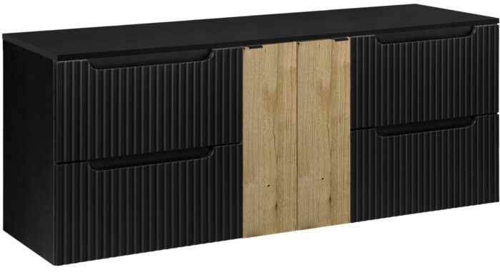 Szafka łazienkowa NOVA czarny 160 cm blat ryflowane fronty wstawka dąb 2 drzwi 4 szuflady