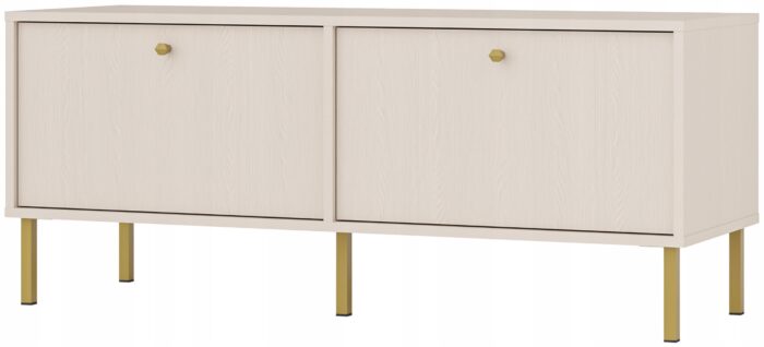 Szafka RTV AVILA 120 cm beż piaskowy z klapami złote metalowe nogi typ prosty