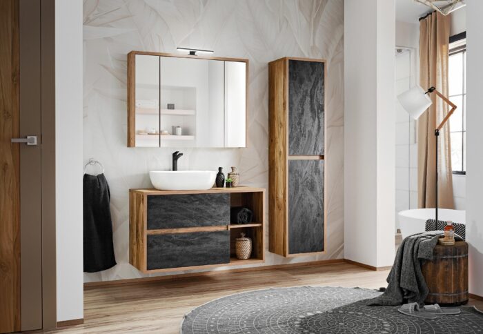 Szafka z umywalką HAMPTON 100 cm dąb beton wisząca blat szuflady regał