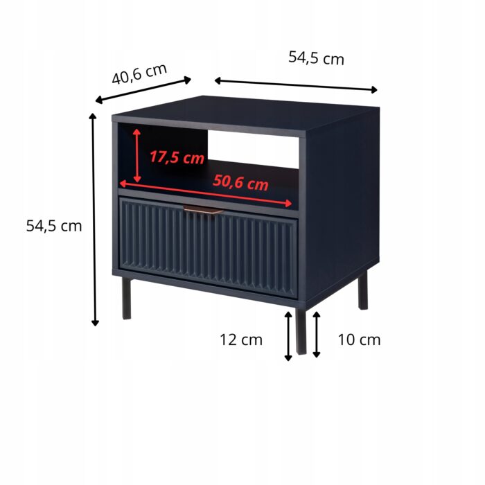 Szafka nocna LINK 54 cm granat nakastlik ryflowane fronty metalowe nogi szuflada półka zestaw