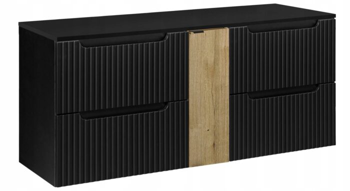 Szafka łazienkowa NOVA czarny 140 cm blat ryflowane fronty wstawka dąb 1 drzwi 4 szuflady