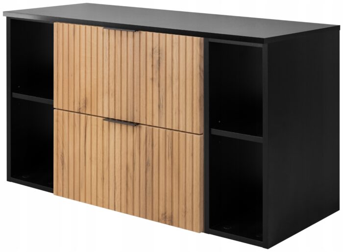 Zestaw łazienkowy FLOW 100 cm czarny dąb szafka pod umywalkę blat szuflady regały ryflowane fronty
