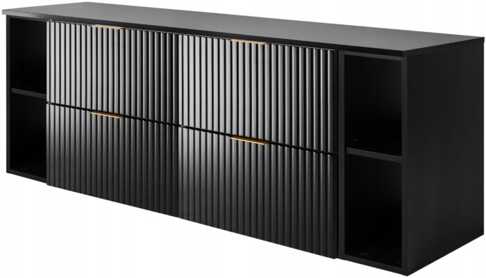 Zestaw łazienkowy FLOW 160 cm czarna szafka pod umywalkę blat szuflady regały ryflowane fronty
