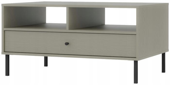 Ława AVILA 100 cm zielona z szufladą i półkami czarne metalowe nogi typ prosty