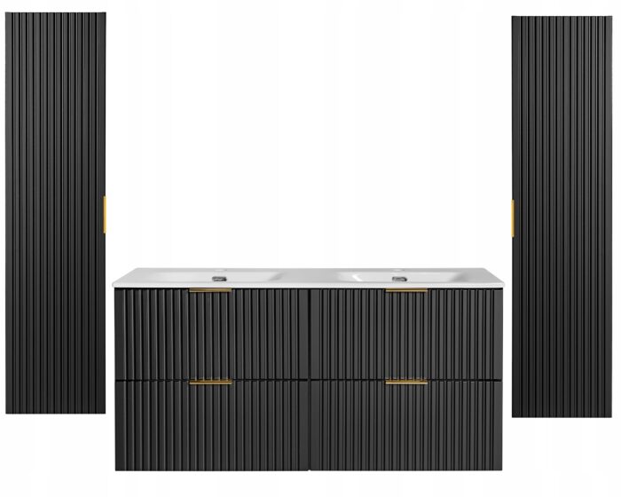ADEL zestaw mebli łazienkowych czarny Szafka z umywalką 120 cm + 2 Słupki 140 cm ryflowane fronty