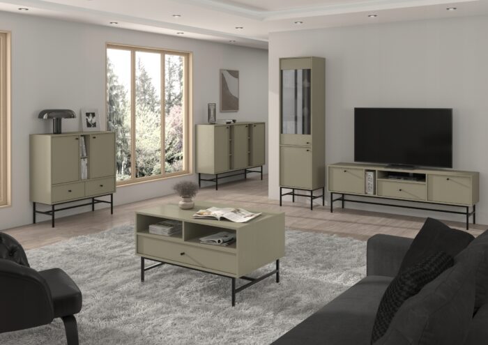Szafka RTV AVILA 120 cm zielona z klapami czarne metalowe nogi typ stelaż
