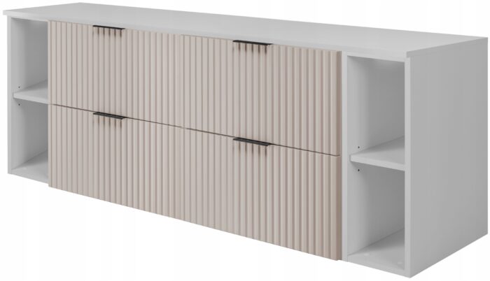 Zestaw łazienkowy FLOW 160 cm biała szafka z blatem szuflady regały kaszmirowe ryflowane fronty