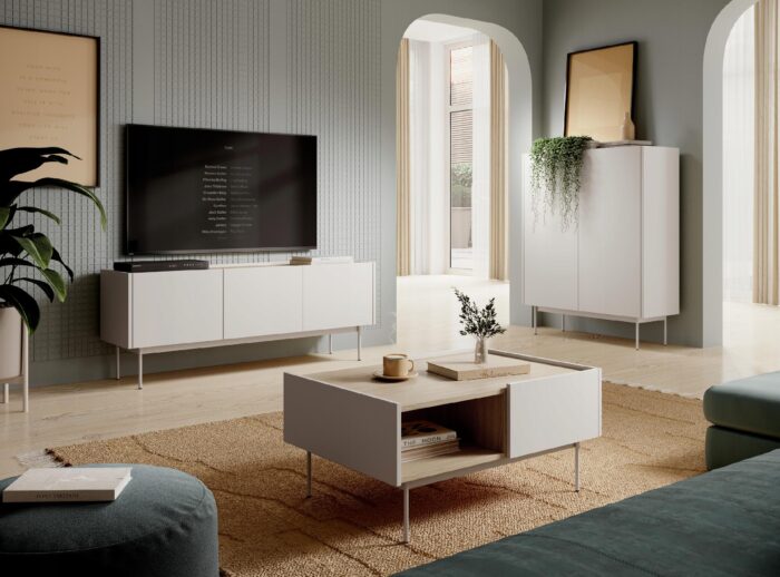 Komoda SIMPLE 144 cm kaszmir / dąb linea szeroka z drzwiczkami i półkami metalowe nóżki