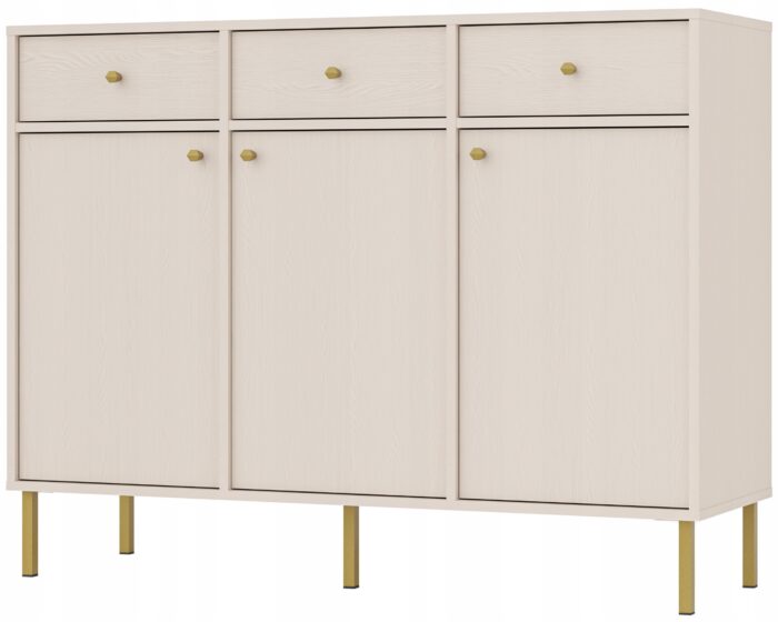 Komoda AVILA 125 cm beż piaskowy z drzwiami i szufladami złote metalowe nogi typ prosty