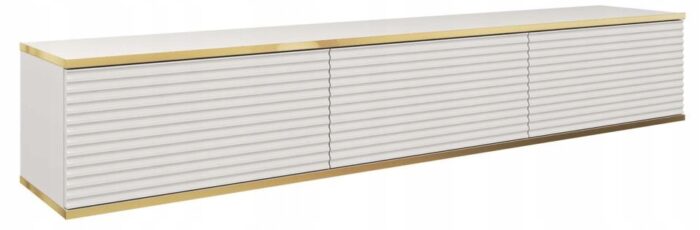 Szafka RTV ORO 175 cm biały, ryflowane fronty, złota ozdobna listwa