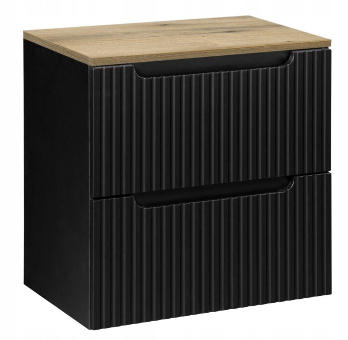 NOVA 60 cm czarna szafka łazienkowa blat dąb szuflady ryflowane fronty