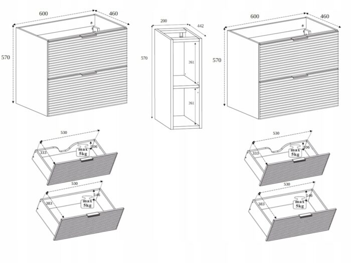 Szafka pod umywalkę LOFT 140 cm czarny dąb wisząca loft szuflady regał frezowane fronty