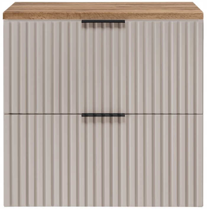 Szafka pod umywalkę FLOW 60 cm kaszmir blat wotan wisząca szuflady ryflowane fronty