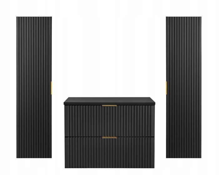 ADEL zestaw mebli łazienkowych czarny Szafka blat 80 cm + 2 Słupki 140 cm ryflowane fronty