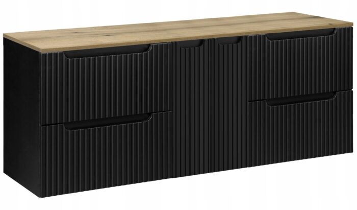 Szafka łazienkowa NOVA czarny 160 cm blat dąb ryflowane fronty 2 drzwi 4 szuflady szeroka