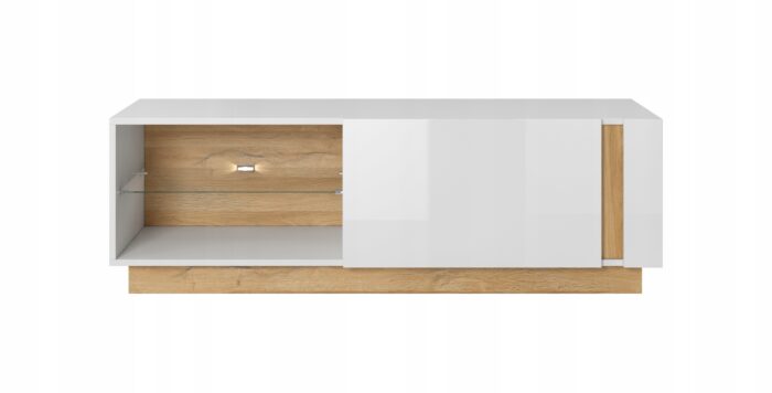 Szafka RTV ARCO 138 cm biały połysk / dąb grandson z szklaną półką i klapą