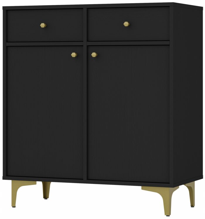 Komoda AVILA 84 cm czarna z drzwiami i szufladami złote metalowe nogi typ rozgwiazda