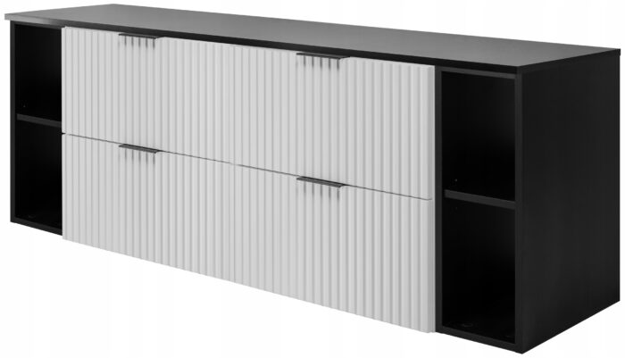 Zestaw łazienkowy FLOW 160 cm czarna szafka z blatem szuflady regały białe ryflowane fronty