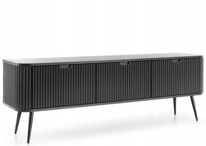 Szafka RTV VELLA 168 cm czarna czarne nóżki zaokrąglone boki ryflowane front z drzwiami
