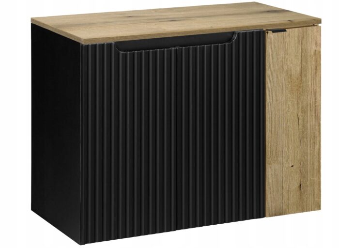 Szafka łazienkowa NOVA czarny 80 cm blat dąb ryflowane fronty wstawka dąb 3 drzwi pojemna