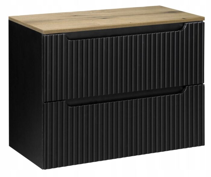 NOVA 80 cm czarna szafka łazienkowa blat dąb szuflady ryflowane fronty